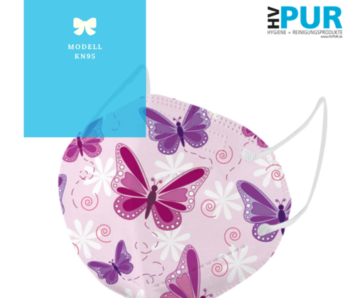 Mund-Nasen-Masken KN95 rosa mit dunkel rosa und lila Schmetterlings Motiv