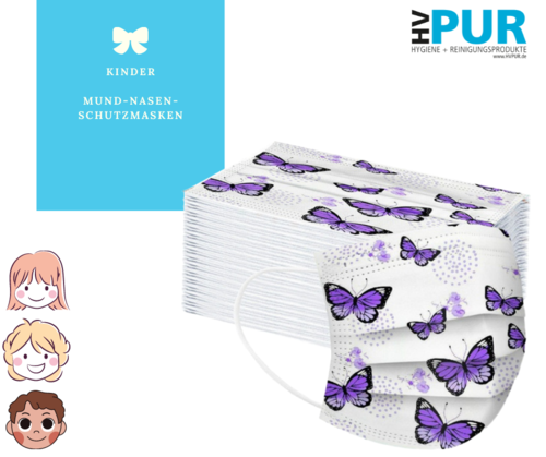 Mund-Nasen-Masken für Kinder weiß mit lila Schmetterlingen